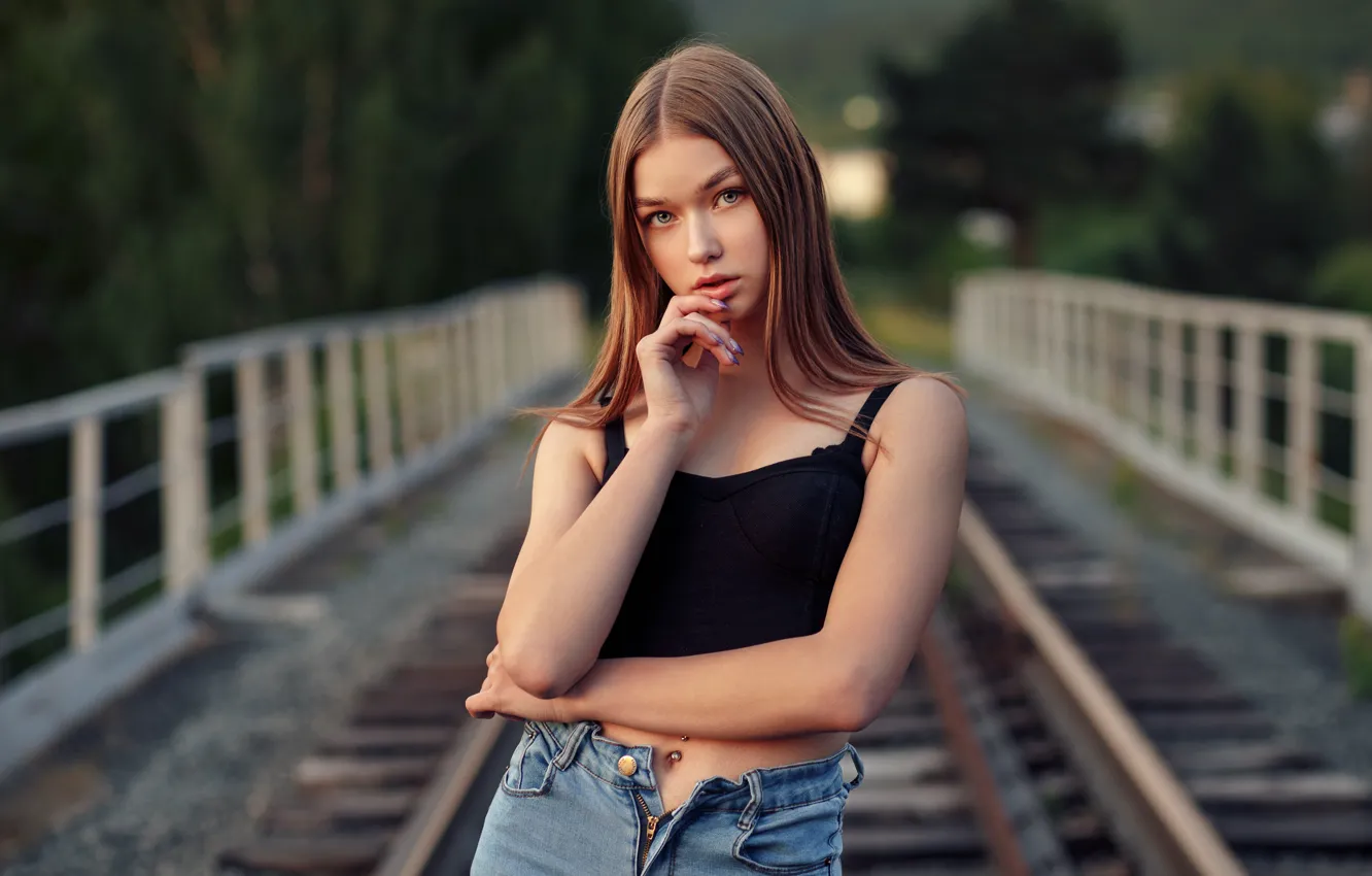 Photo wallpaper look, girl, pose, railroad, Evgeny Bulatov, Pauline Filipenkova