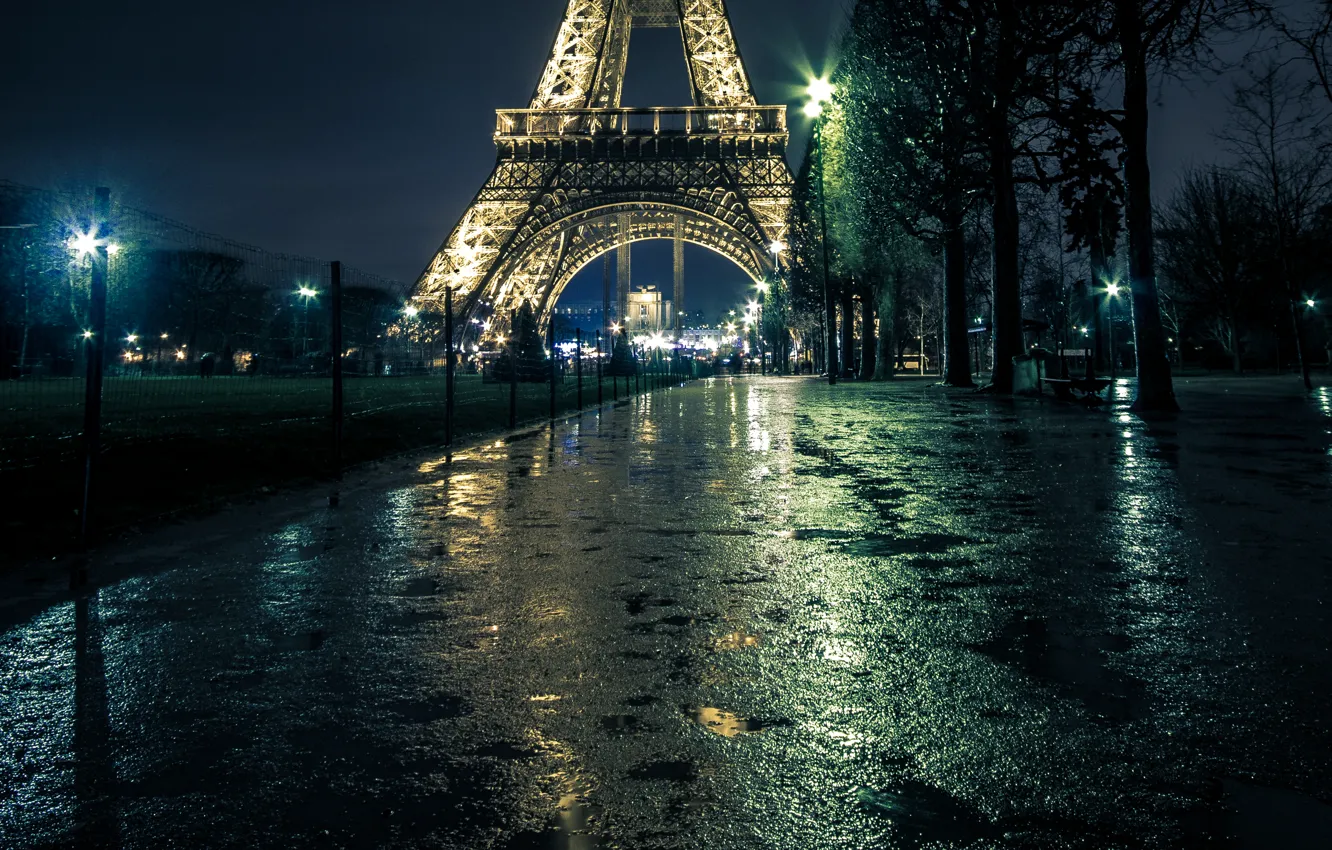 Photo wallpaper night, lights, France, Paris, lights, puddles, Eiffel tower