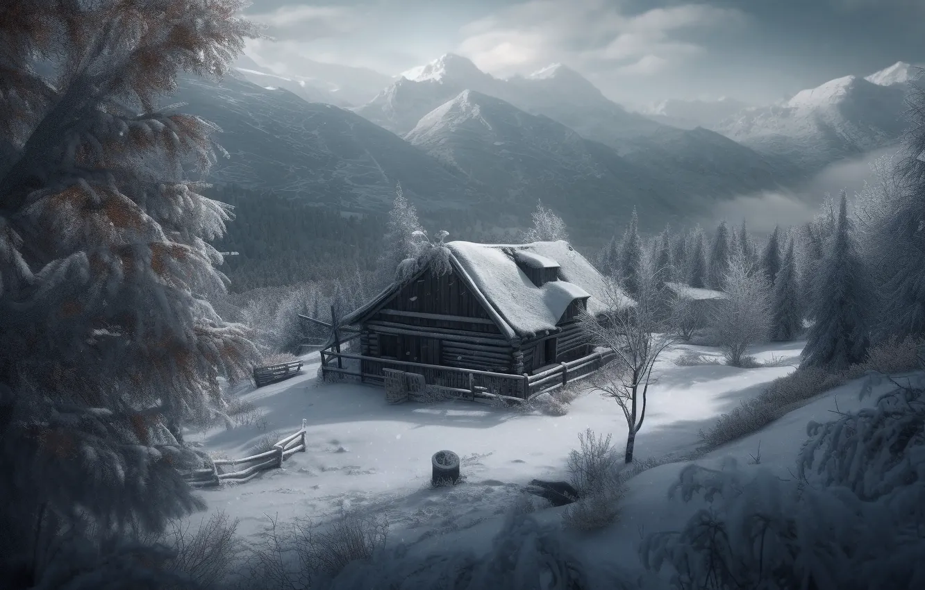 Photo wallpaper winter, forest, snow, house, hut, AI art, a hut in the forest, neural network