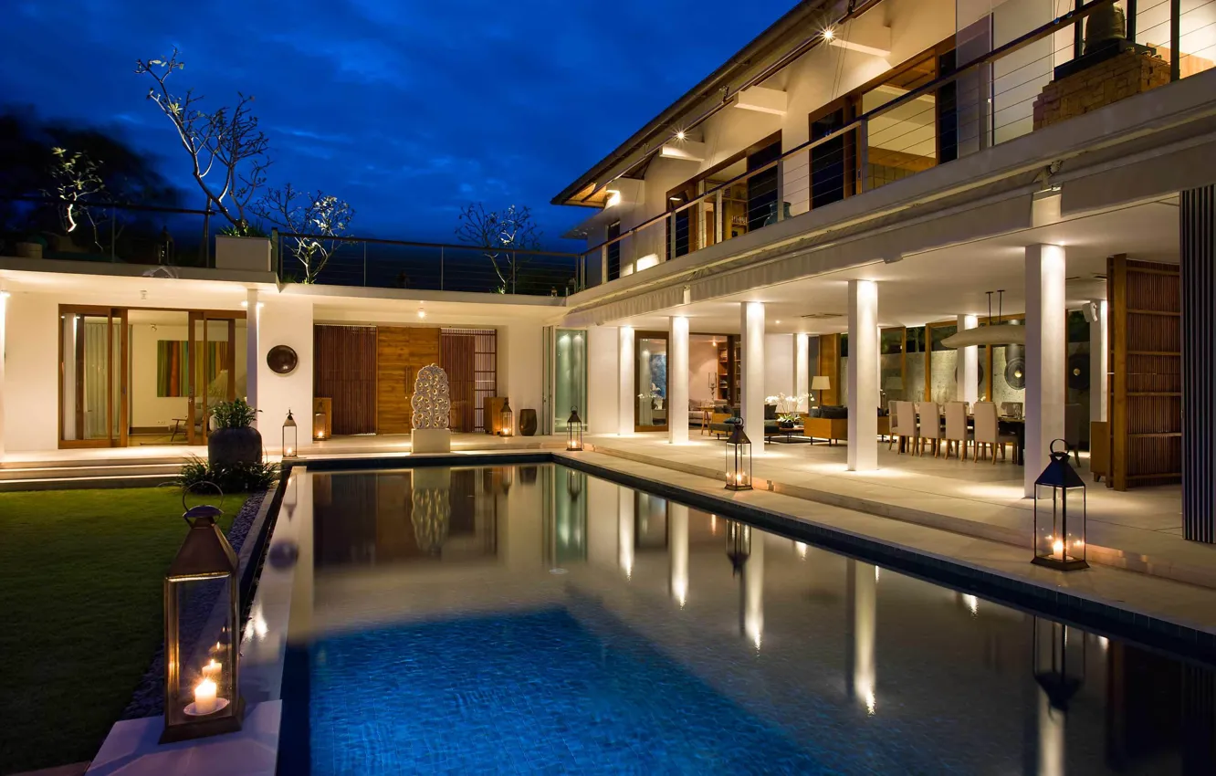 Photo wallpaper Villa, the evening, pool, lighting, Bali, Indonesia, architecture, resort
