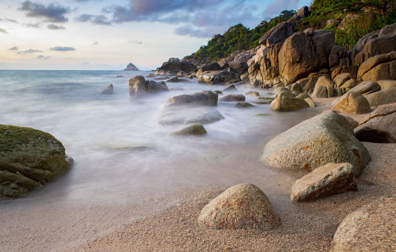 Photo wallpaper sand, sea, wave, beach, summer, the sky, stones, rocks