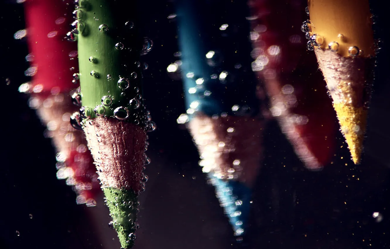 Photo wallpaper water, macro, bubbles, bubbles, pencils, under water, colours, under water