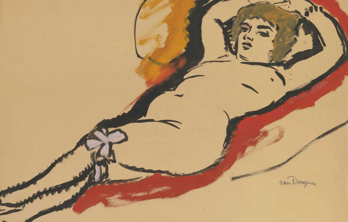Photo wallpaper Kees van Dongen, paper on panel, romantic Fauvism, gouache and ink, Reclining Nude