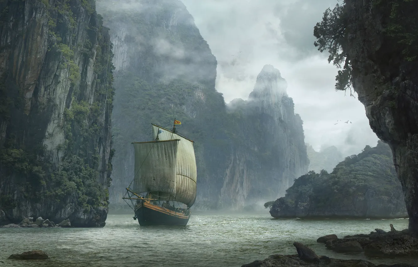 Photo wallpaper water, rocks, ship, Landscape with ship