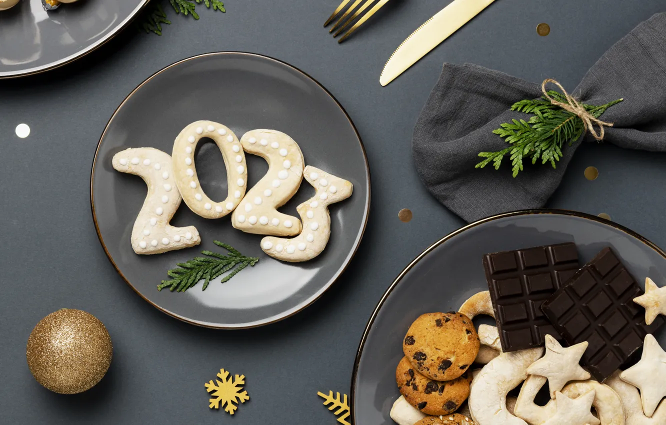 Photo wallpaper snowflakes, branches, table, new year, chocolate, cookies, plate, figures