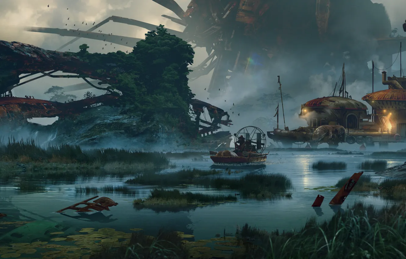 Photo wallpaper Boat, Swamp, Game, Rage 2, A fantastic world