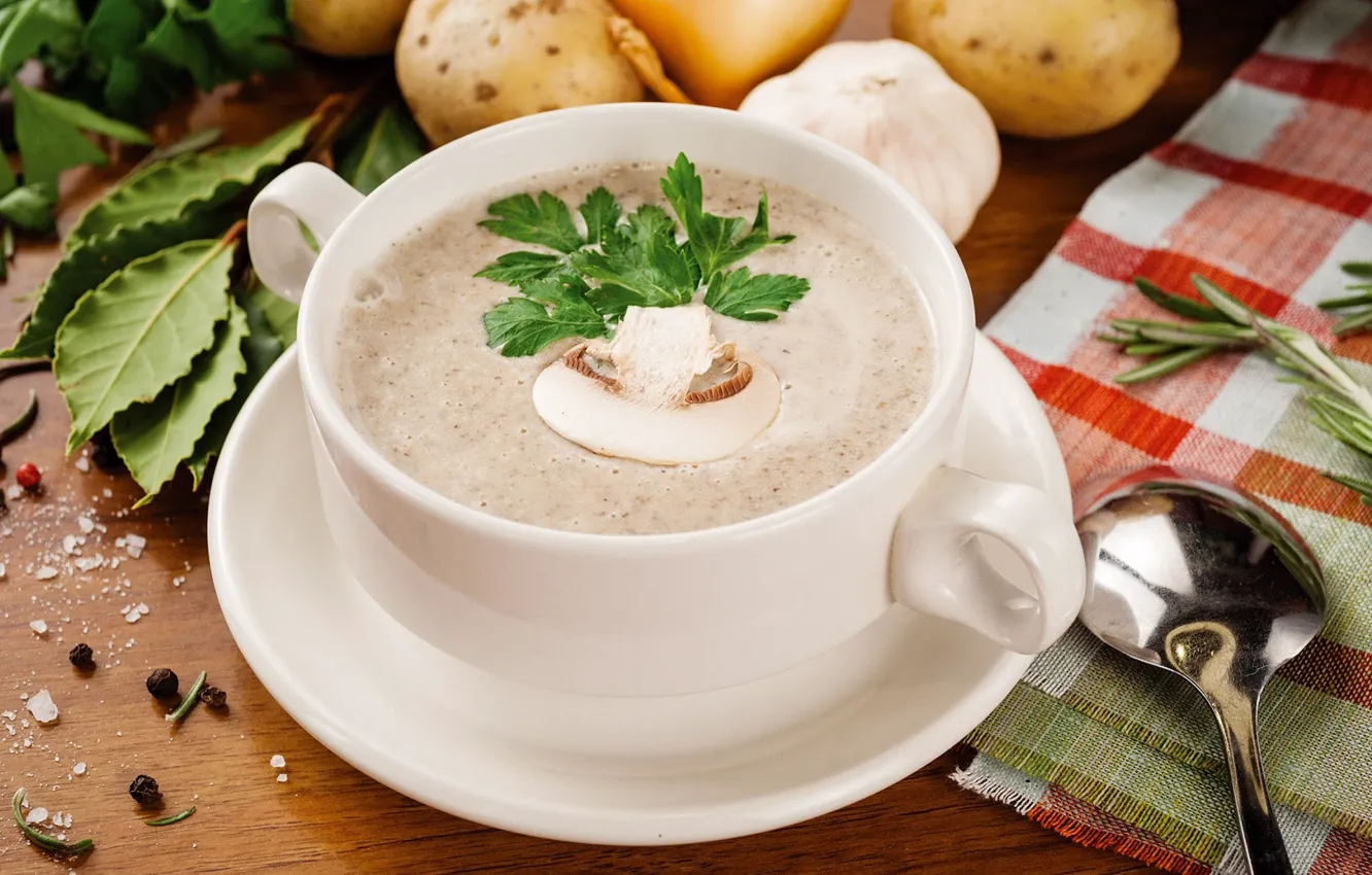 Photo wallpaper greens, mushrooms, soup