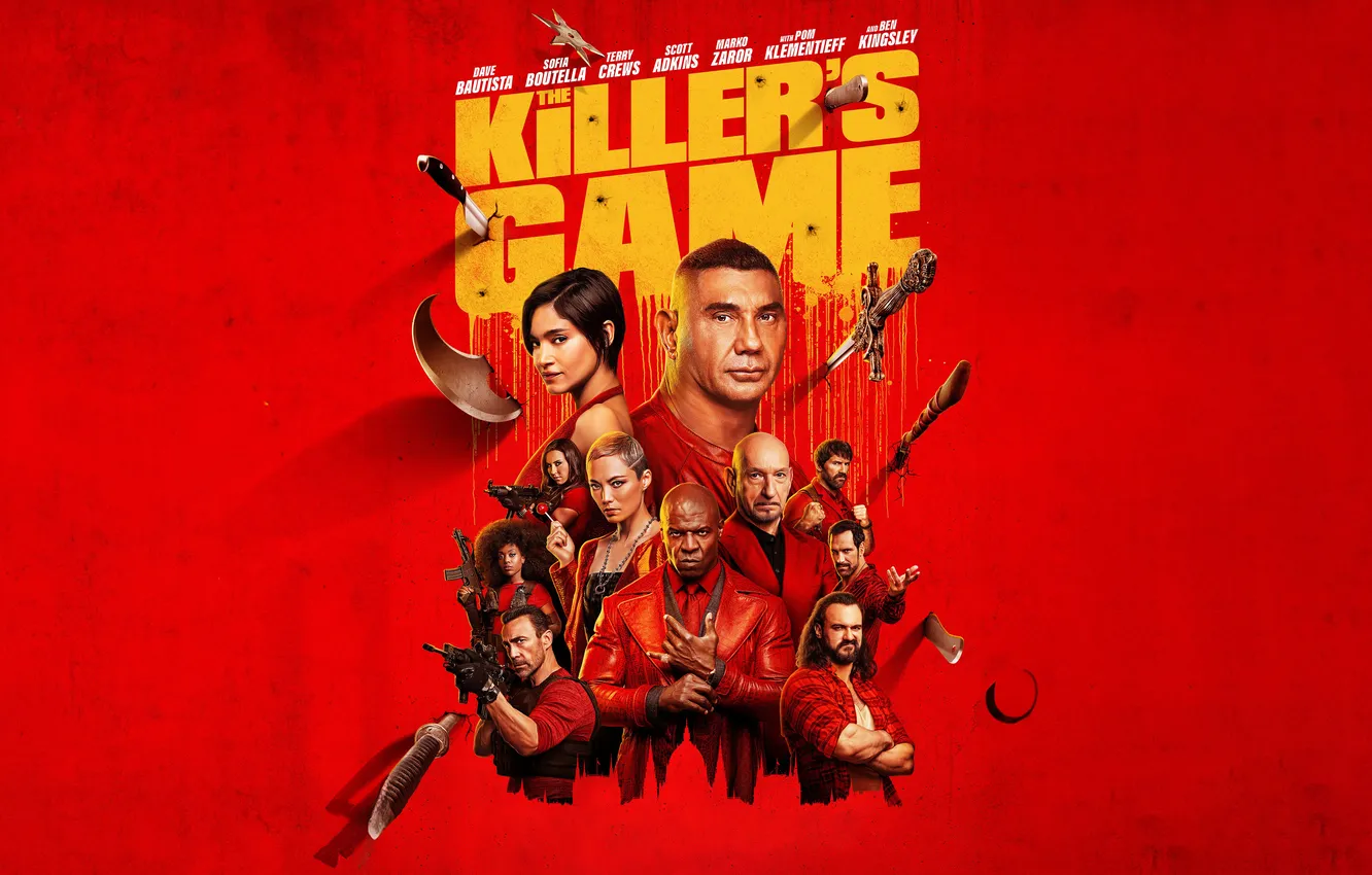 Photo wallpaper movies, red background, Dave Bautista, 2024 Movies, The Killer's Game