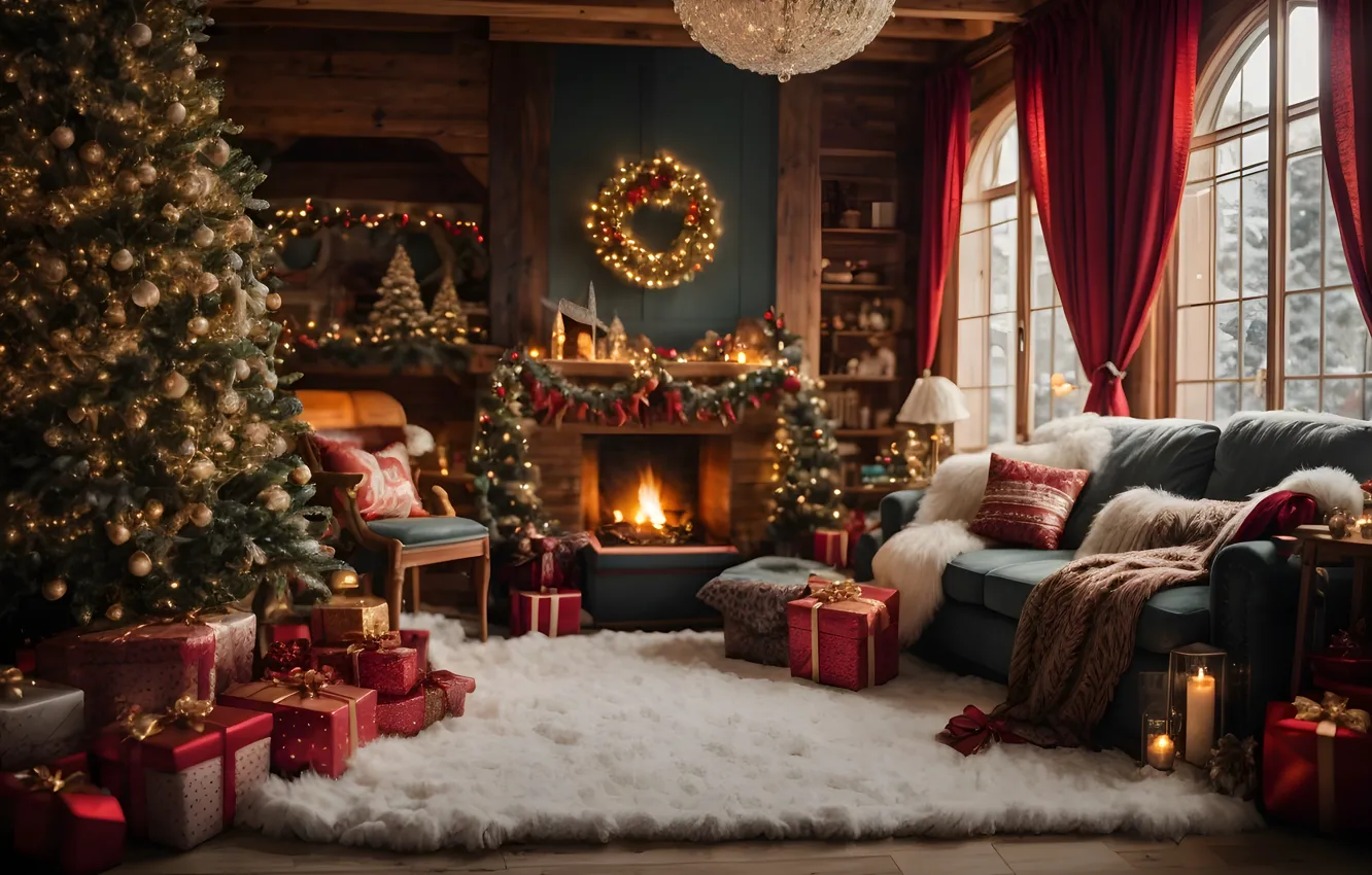 Photo wallpaper decoration, room, gift, balls, tree, new year, interior, Christmas