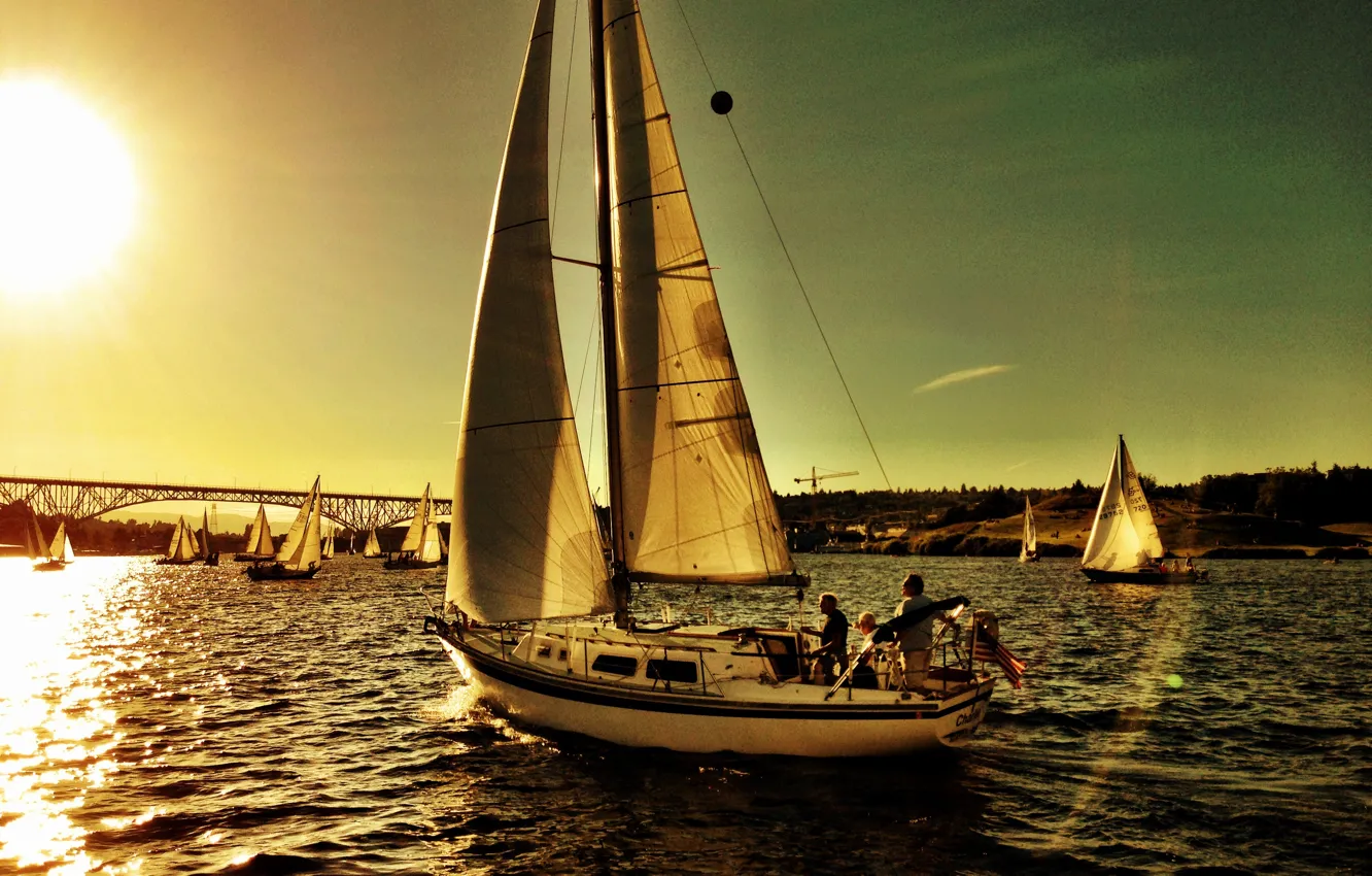 Photo wallpaper sea, bridge, the evening, yacht, Seattle, regatta