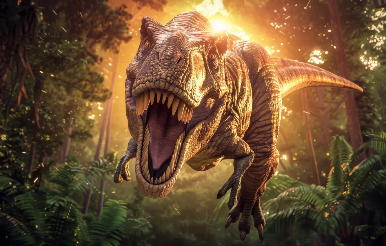 Photo wallpaper face, trees, animal, dinosaur, predator, teeth, jungle, mouth