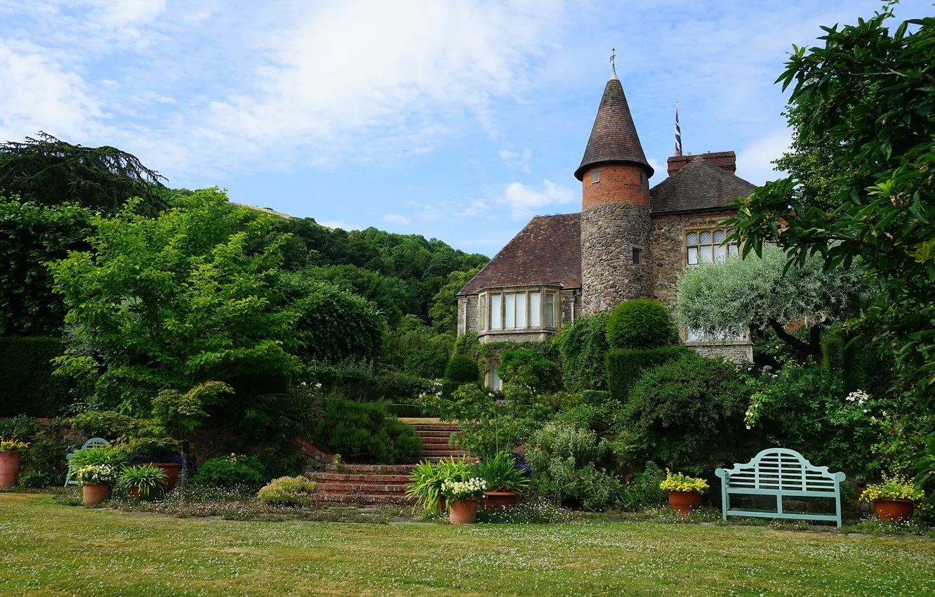 Photo wallpaper greens, the sky, grass, clouds, trees, flowers, lawn, England