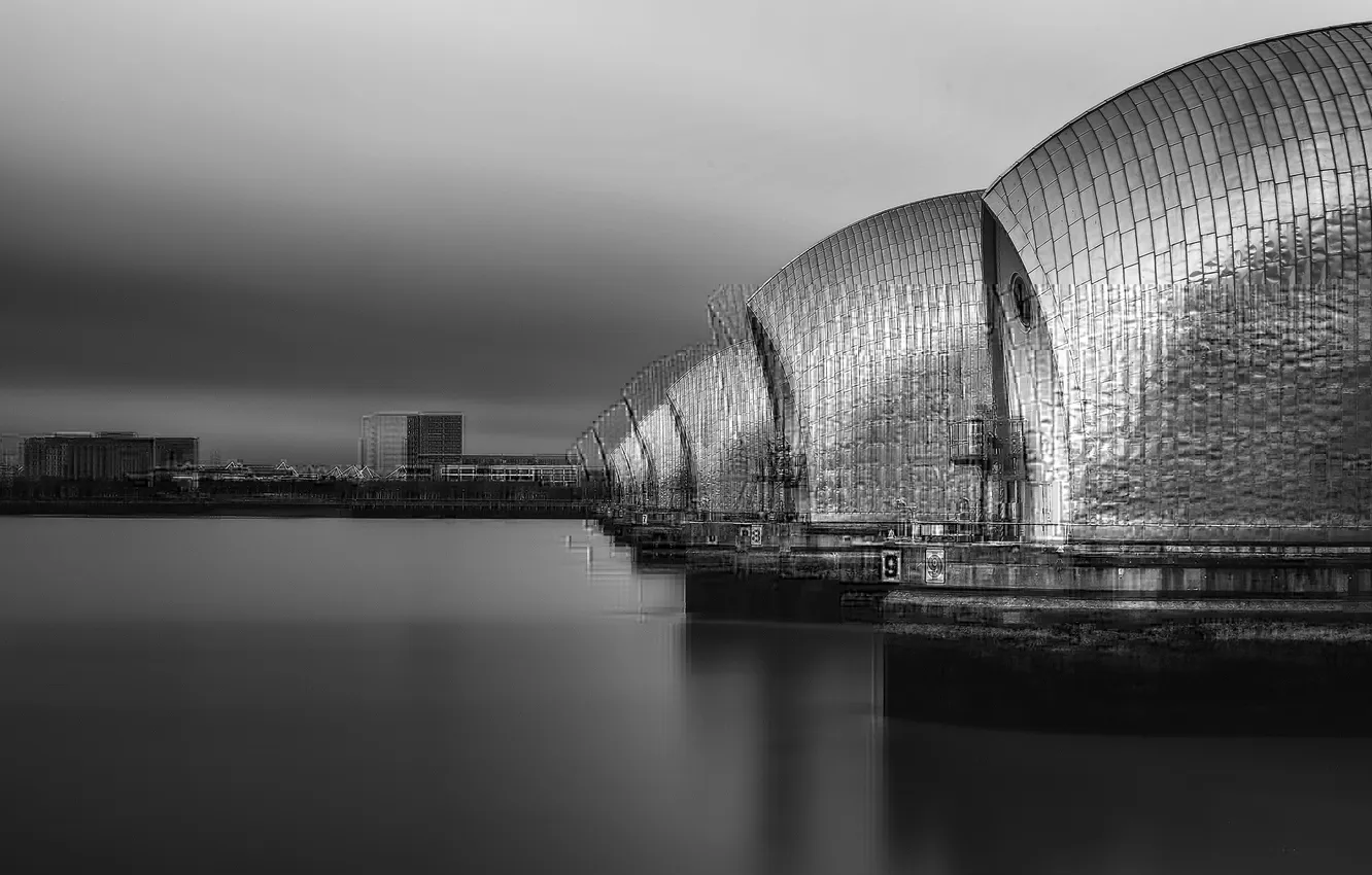 Photo wallpaper England, London, Thames, barrier, rainy