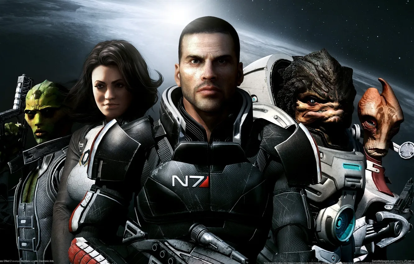 Photo wallpaper space, weapons, team, Mass Effect 2, captain shepard