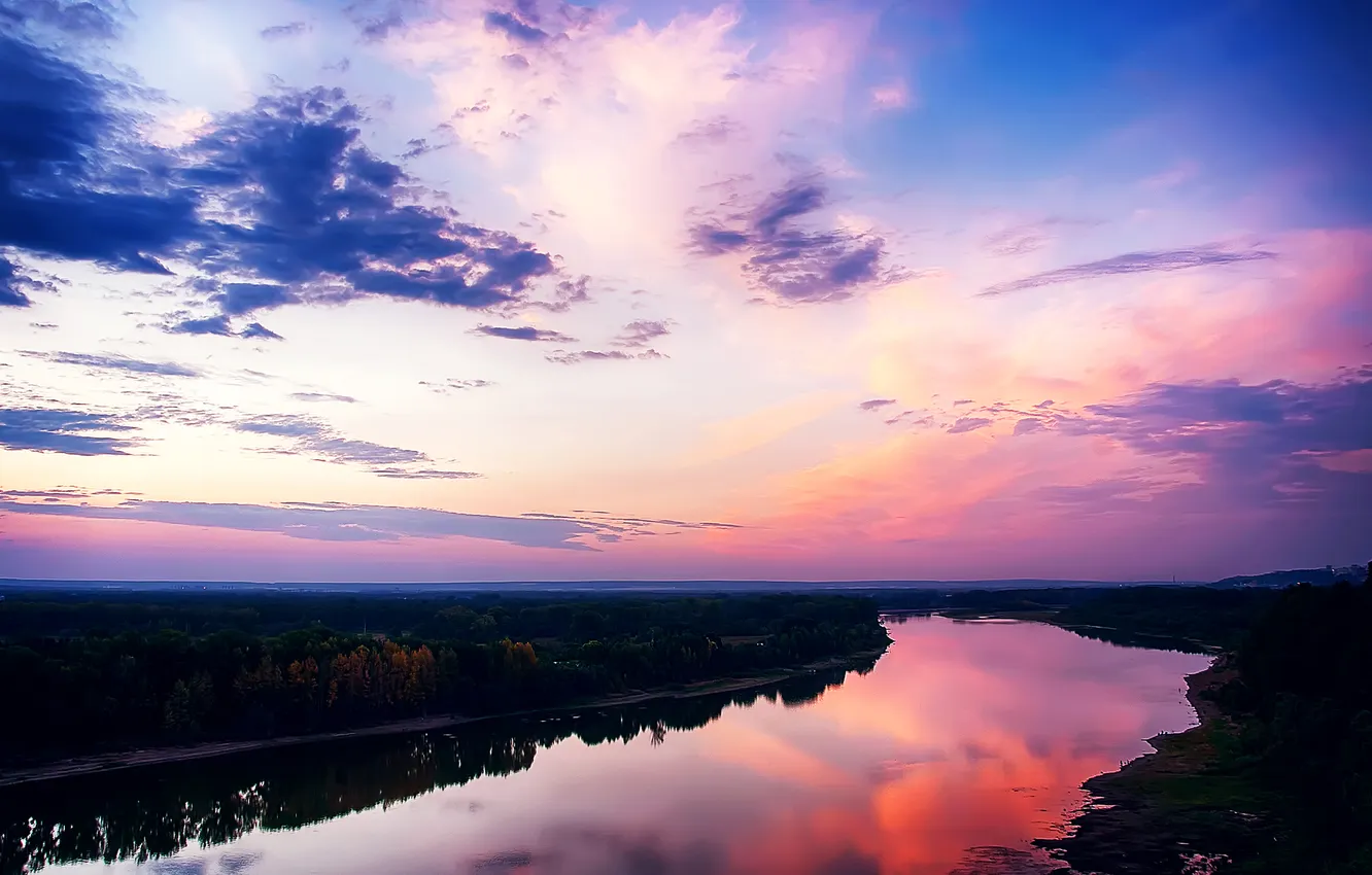 Photo wallpaper clouds, sunset, surface, reflection, river
