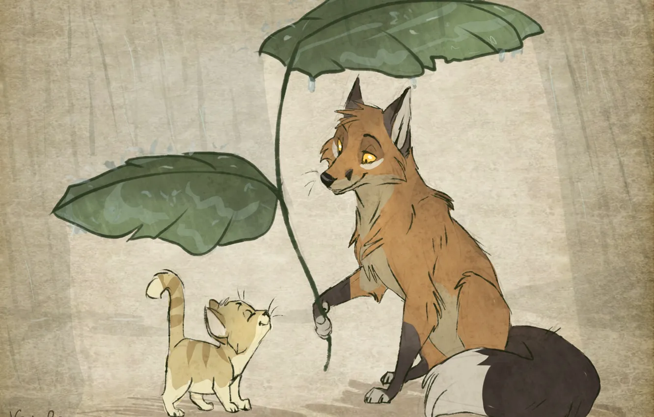 Photo wallpaper leaves, rain, Fox, kitty, by Vao-Ra