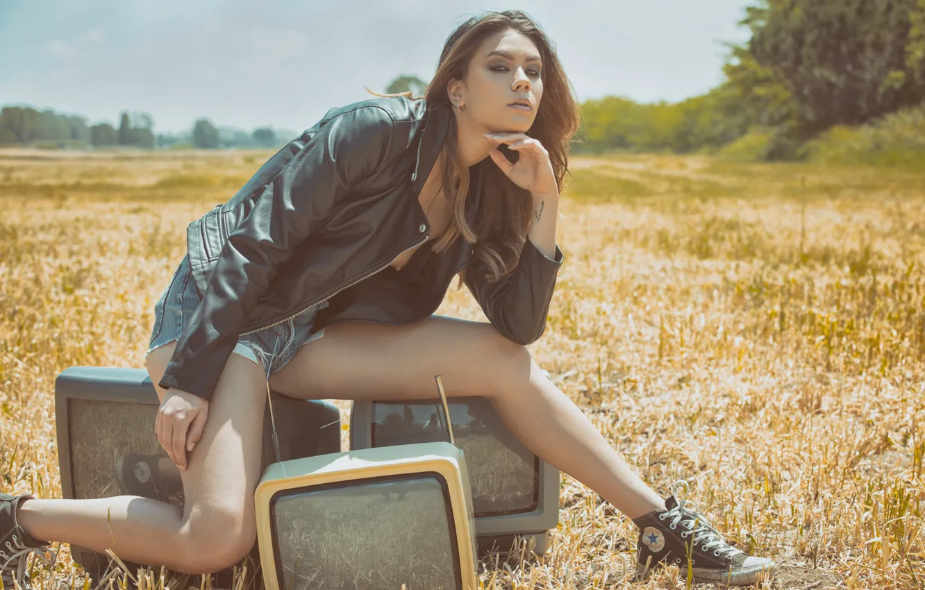 Photo wallpaper field, pose, feet, model, sneakers, TV, jacket, Clementina Aliberti