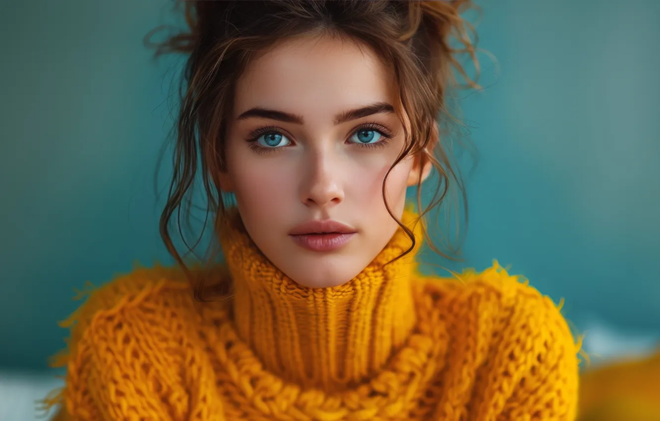 Photo wallpaper look, girl, yellow, face, pose, portrait, hairstyle, collar