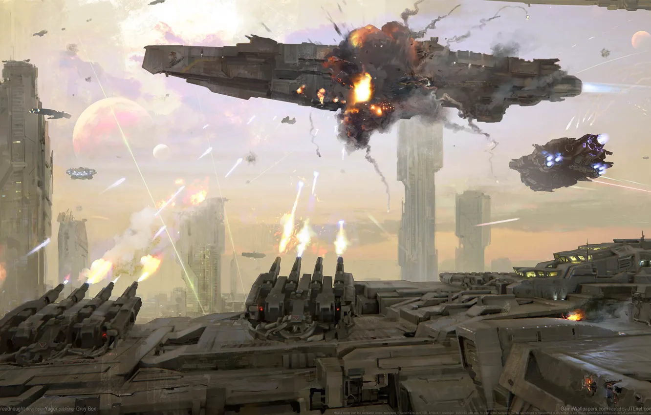 Photo wallpaper space, rays, fiction, ships, battle, lasers, Dreadnought, game wallpapers