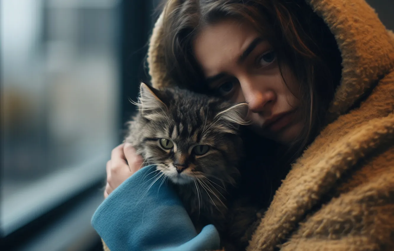 Photo wallpaper hands, neural network, cat, sadness, grey, window, AI art, brown hair