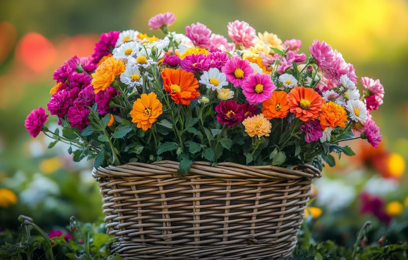 Photo wallpaper summer, light, flowers, bright, bouquet, garden, basket, colorful