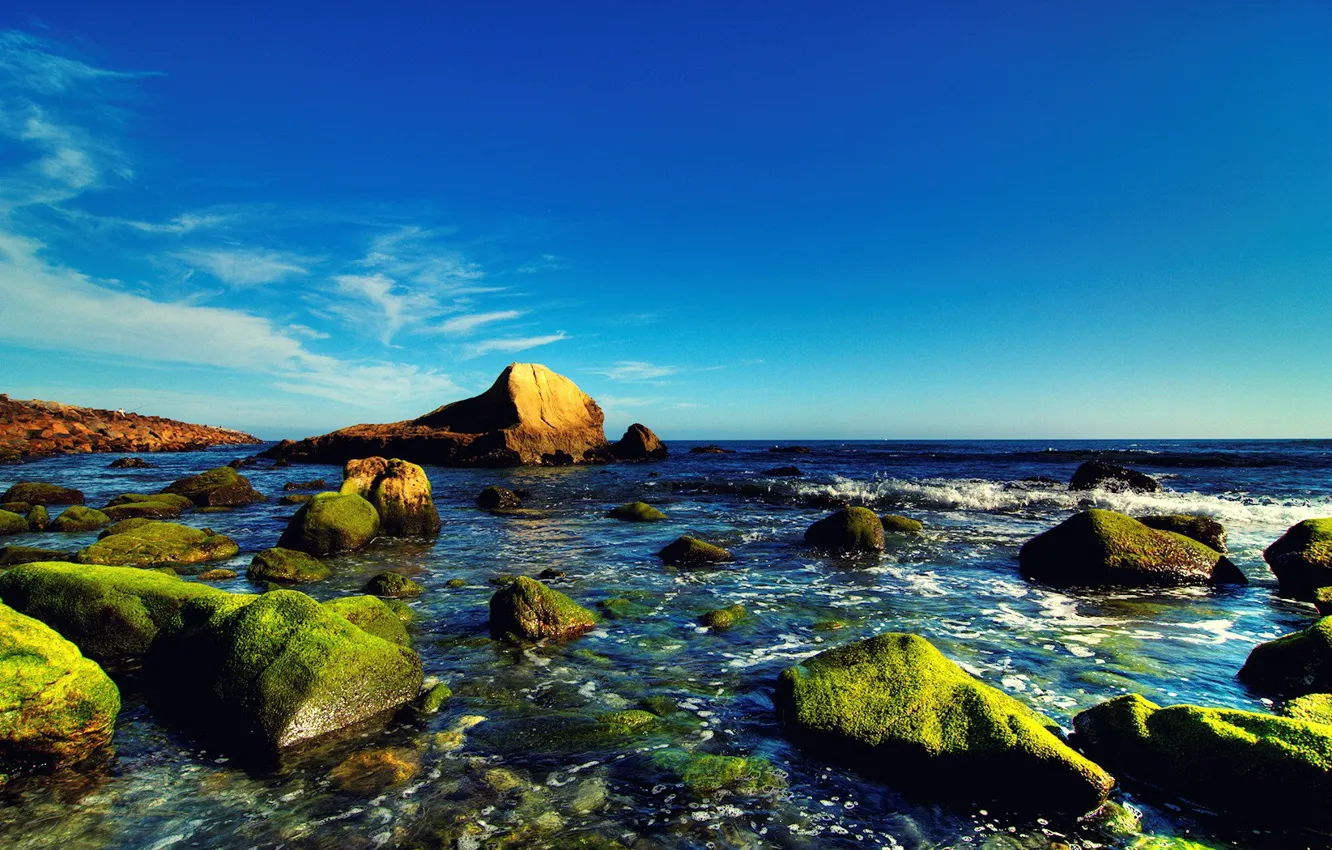 Photo wallpaper sea, the sky, water, blue, stones