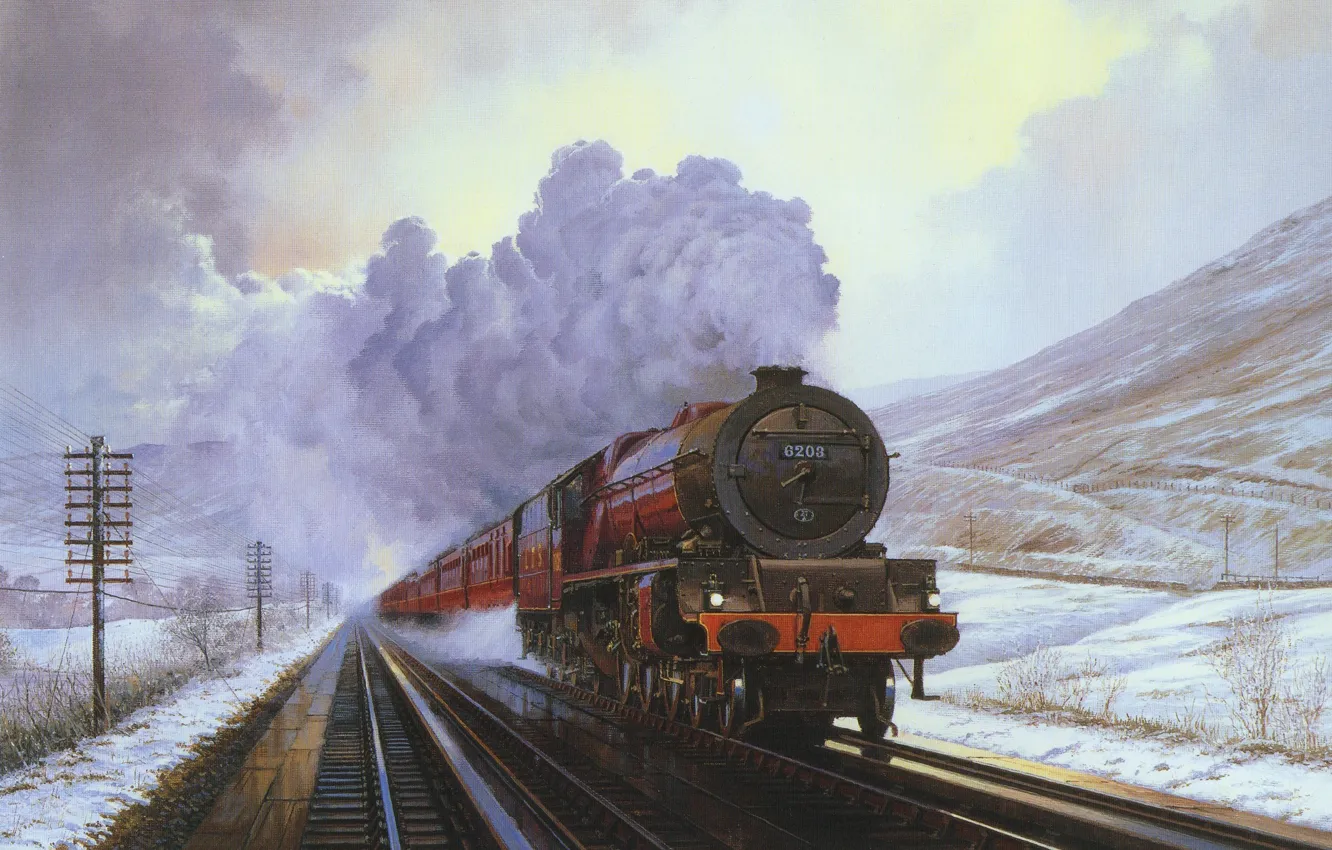 Photo wallpaper winter, snow, landscape, mountains, smoke, train, the engine, picture