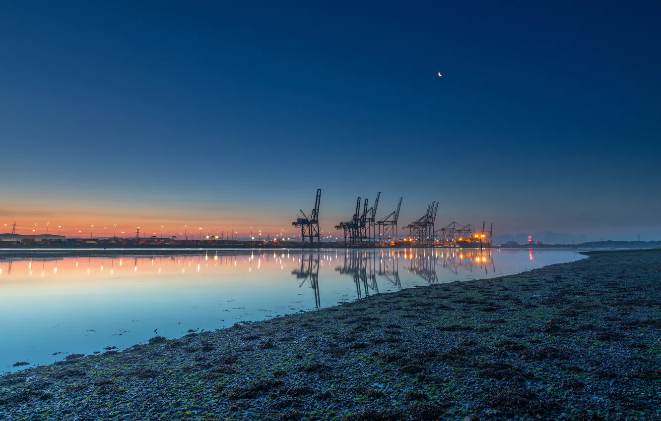 Photo wallpaper sea, night, lights, the moon, shore, ship, port, Bay