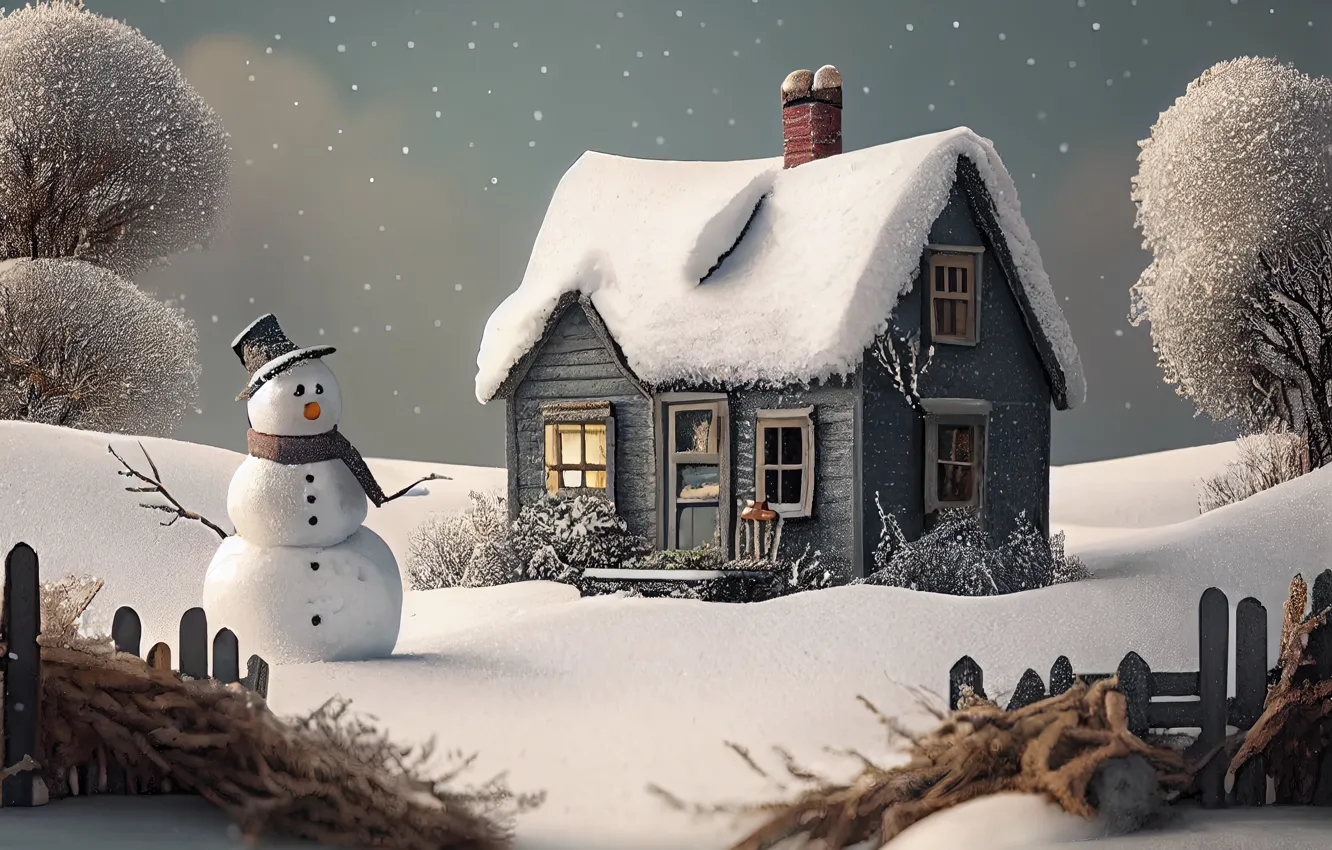 Photo wallpaper winter, snow, new year, hut, home, Christmas, house, snowman