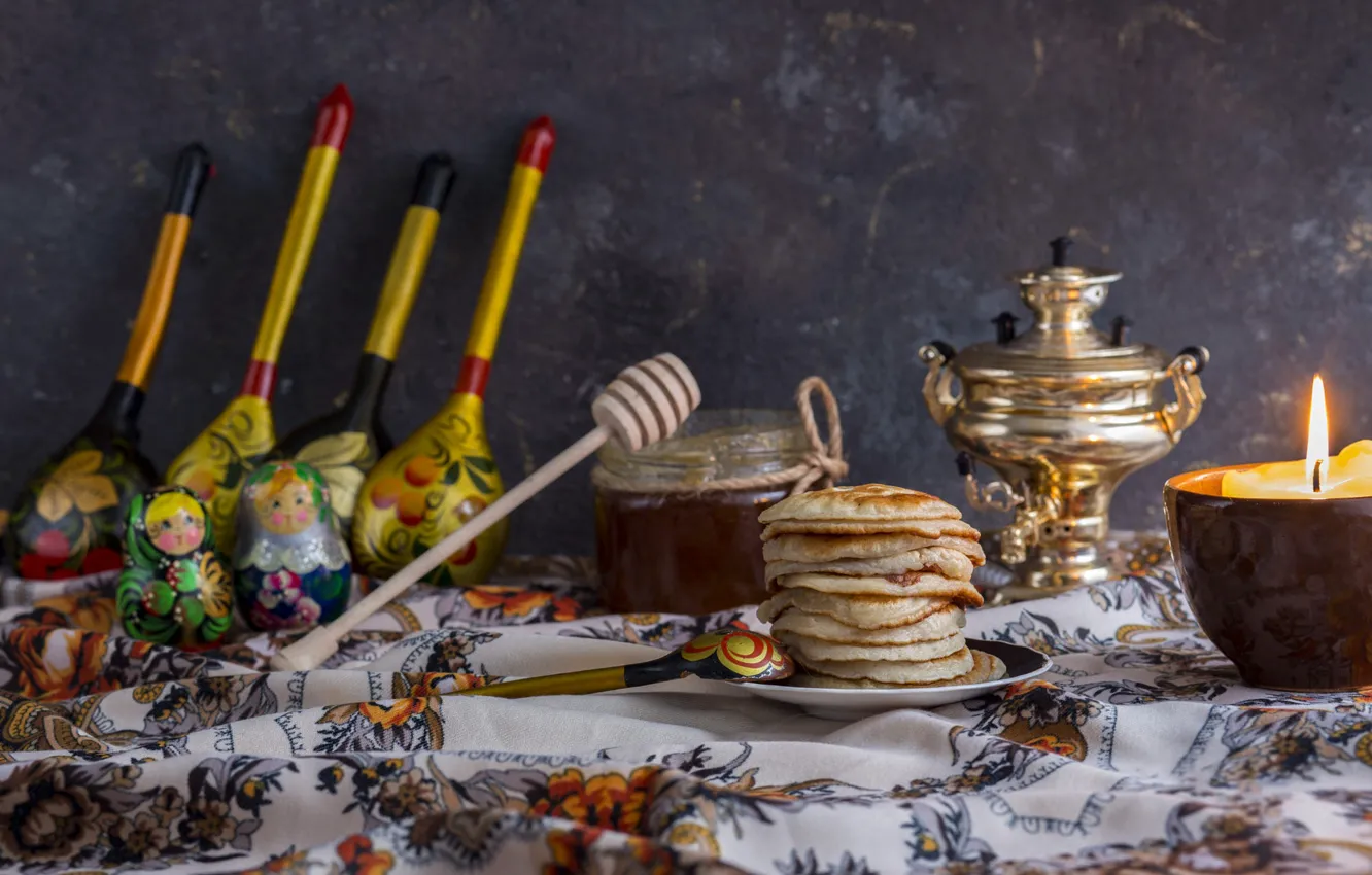 Photo wallpaper table, flame, tea, toy, candles, honey, spoon, Cup