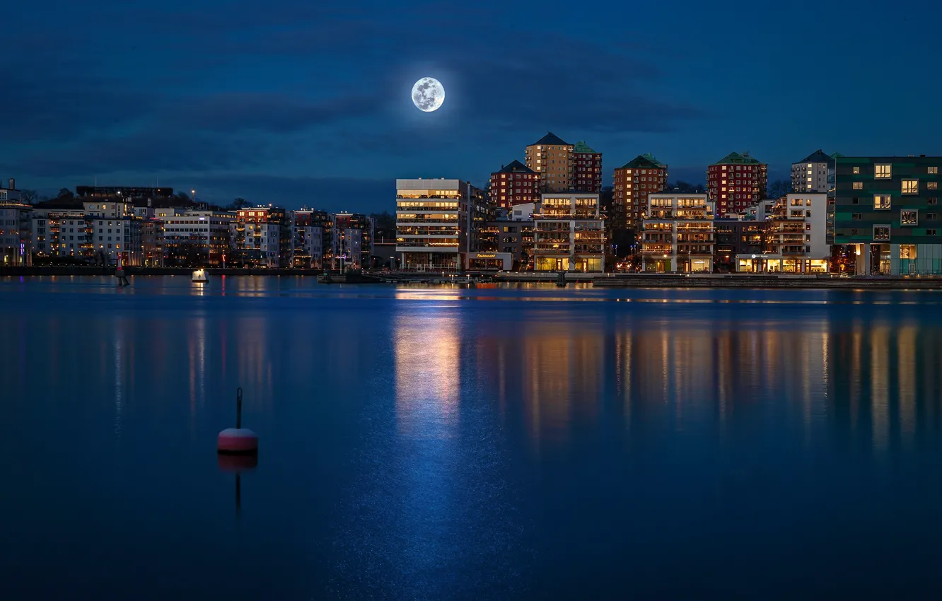 Photo wallpaper the sky, night, lights, river, the moon, building, home, Bui