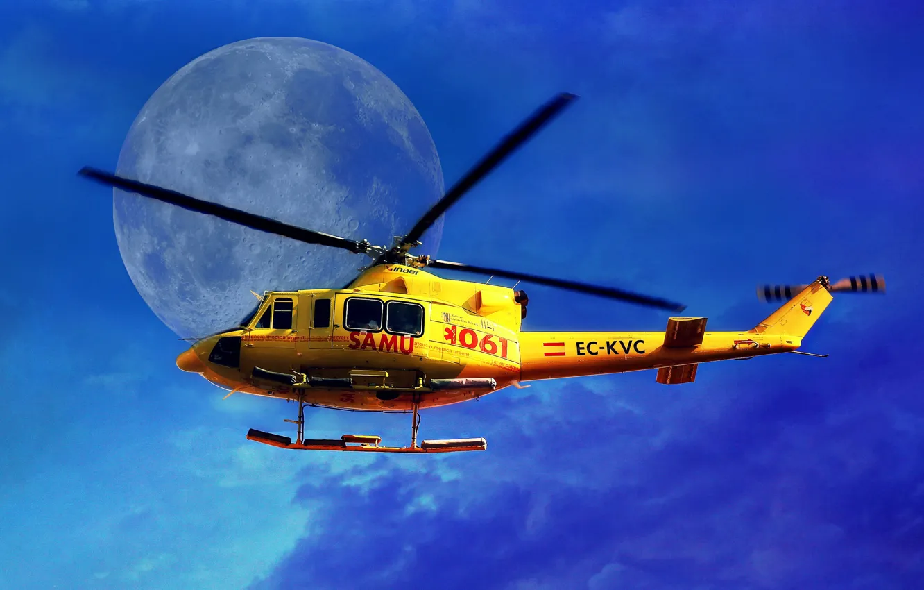 Photo wallpaper the sky, the moon, helicopter, blades