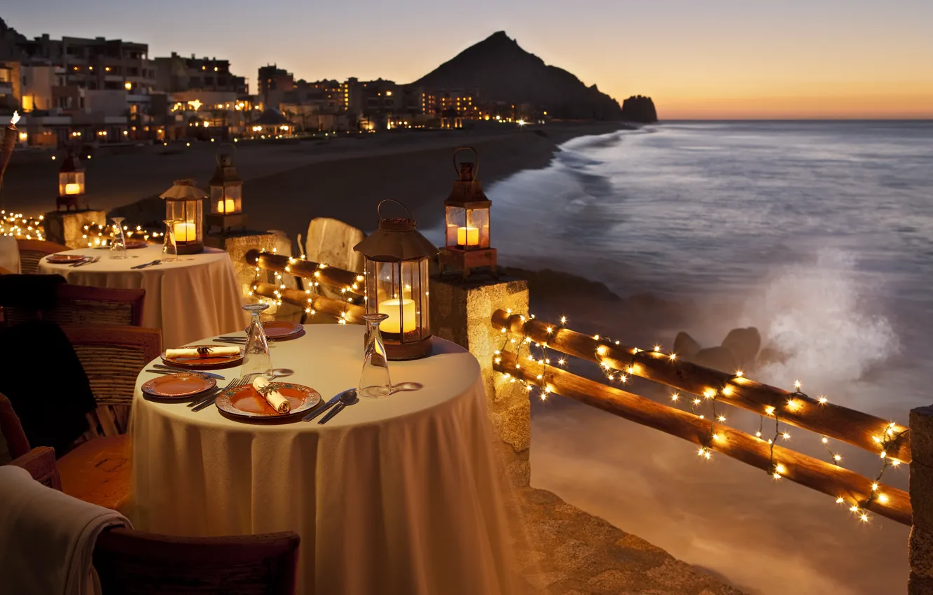 Photo wallpaper sea, sunset, the ocean, restaurant, beautiful, novel, open