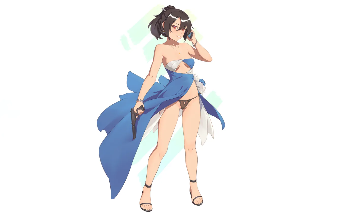 Photo wallpaper girl, gun, pistol, sexy, cleavage, dress, legs, boobs