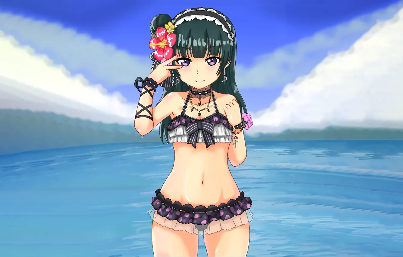 Photo wallpaper girl, sexy, cleavage, beach, long hair, sea, boobs, anime