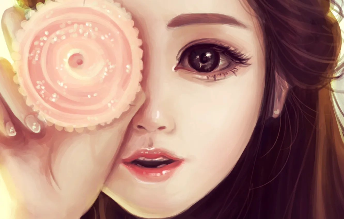 Photo wallpaper girl, circles, flowers, face, hands, art