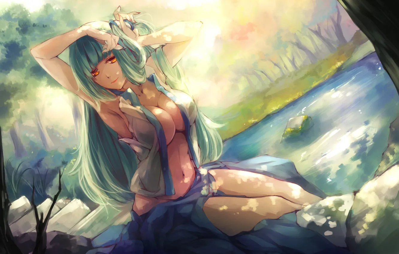 Photo wallpaper lake, stage, green hair, art, yellow eyes, sitting on a rock, Kochi Have Done The …