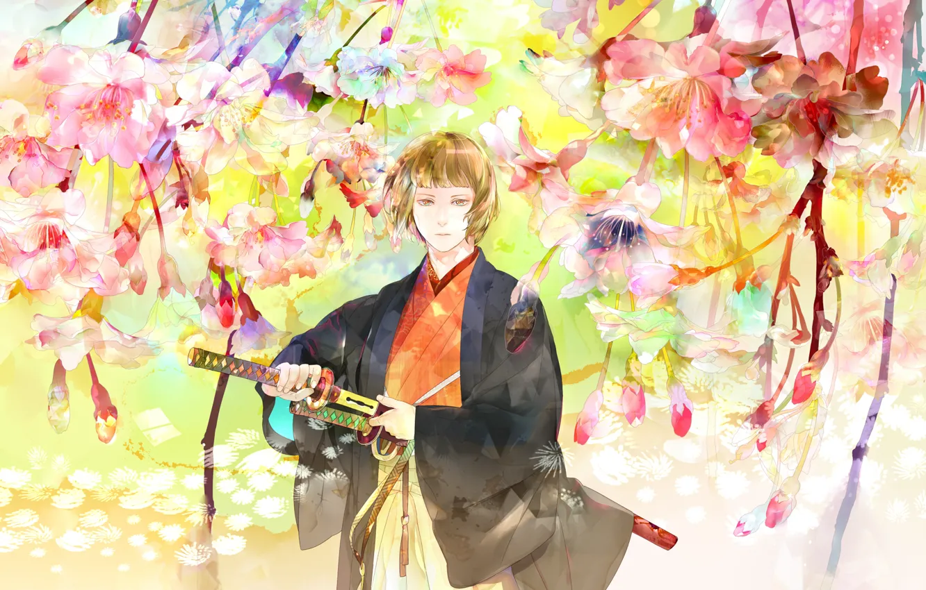 Photo wallpaper look, flowers, weapons, guy, art, katana, saiga tokihito