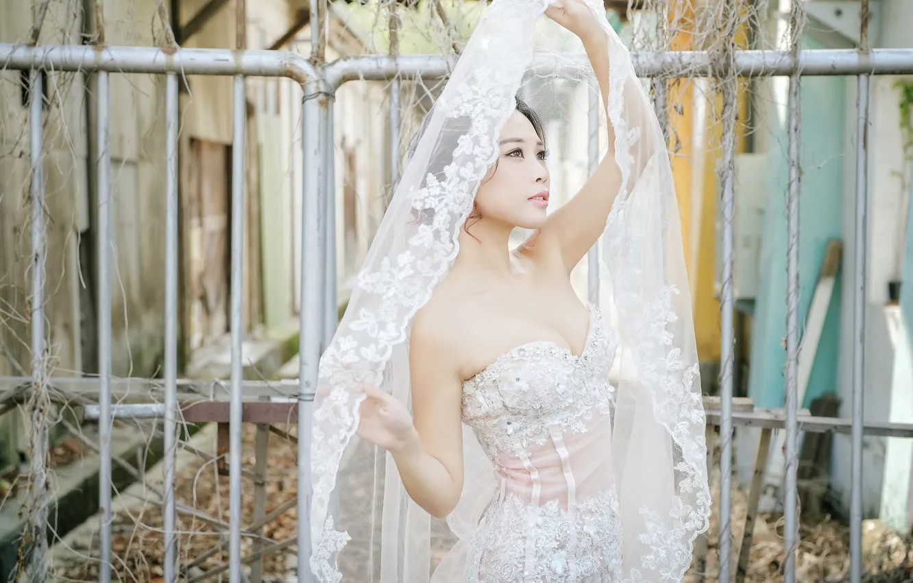 Photo wallpaper style, model, the fence, Asian, the bride, veil