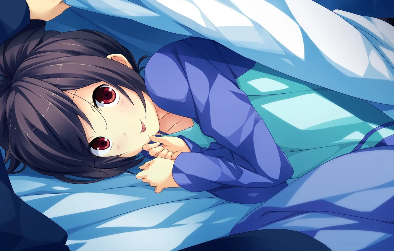 Photo wallpaper bed, hand, art, girl, bed, game cg, kanojo to ore to koibito to, marui