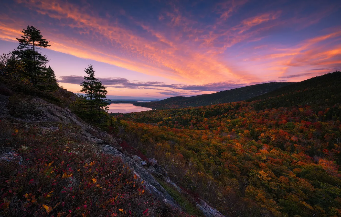 Photo wallpaper forest, sky, sunset, autumn, lake, hills, fall