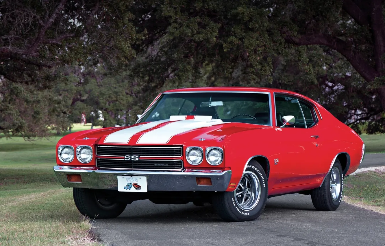 Photo wallpaper road, trees, red, coupe, Chevrolet, Chevrolet, Coupe, 1970