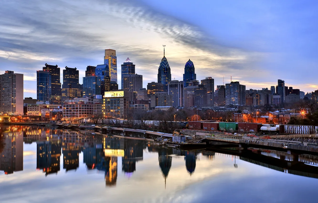 Photo wallpaper reflection, river, skyscrapers, the evening, USA, Philadelphia, promenade, Philadelphia