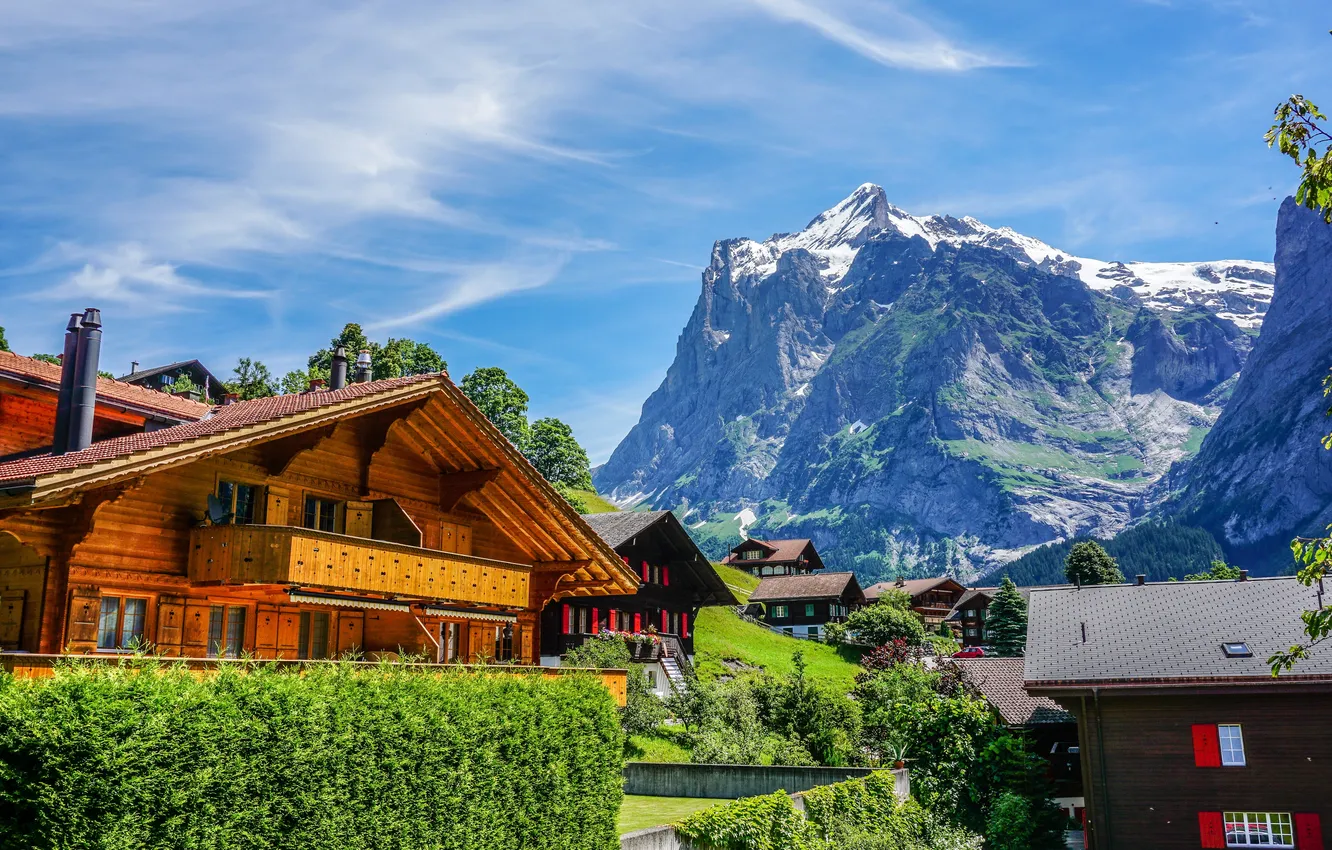 Photo wallpaper the sky, clouds, mountains, rocks, home, Switzerland, town, Sunny