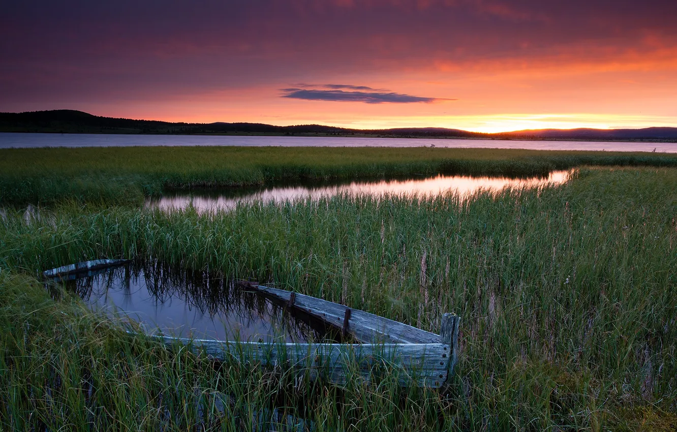 Photo wallpaper sunset, lake, hills, boat