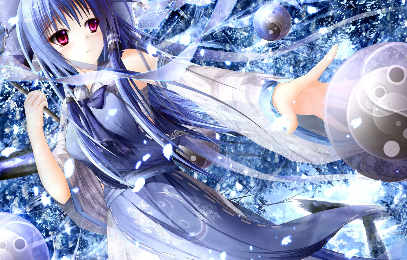 Photo wallpaper girl, anime, petals, dress, tape, Touhou Project, Reimu Hakurei