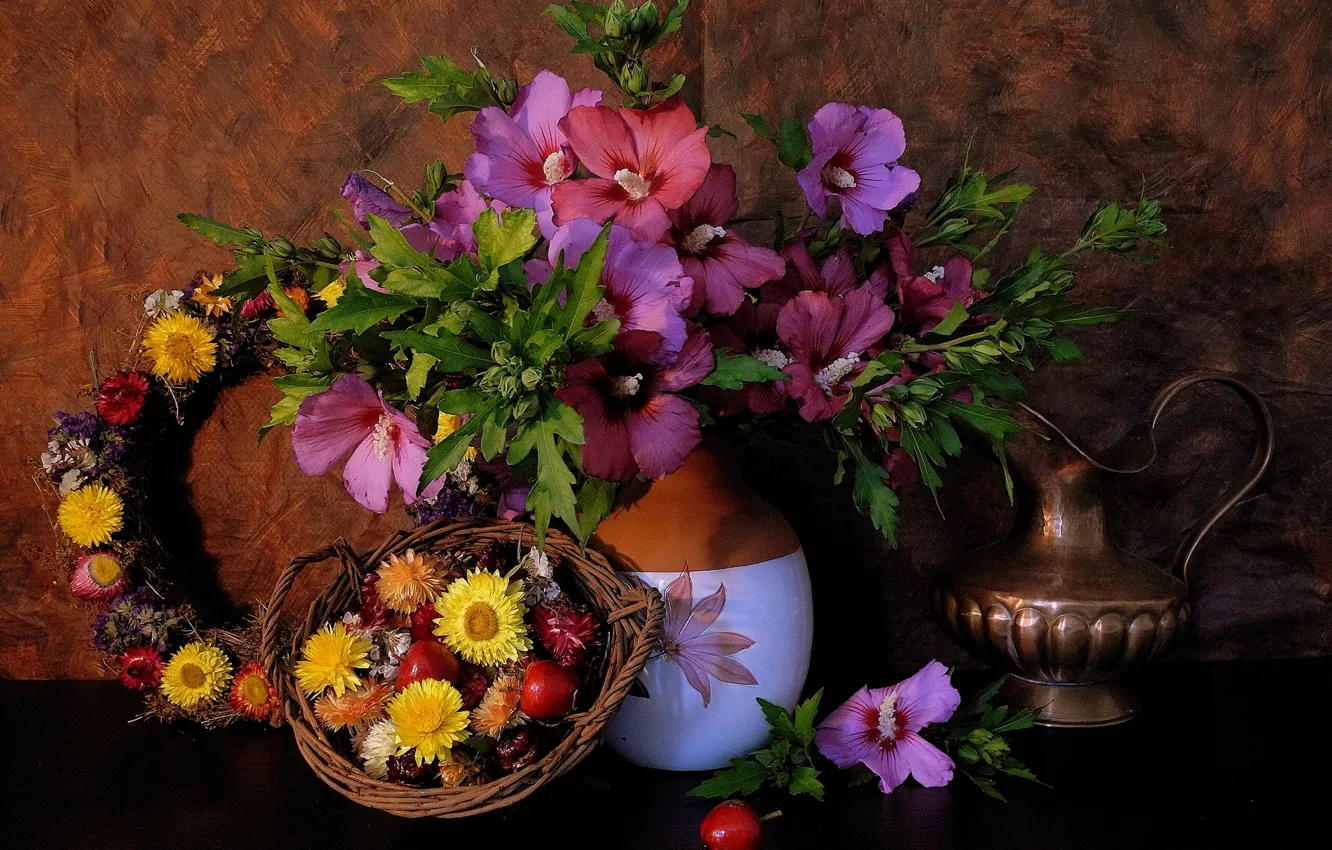 Photo wallpaper vase, pitcher, wreath, Ranetki, mallow, Helichrysum, apples
