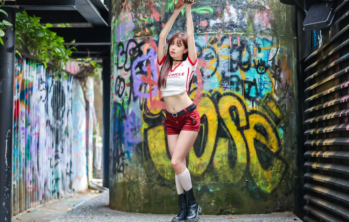 Photo wallpaper girl, pose, shorts, t-shirt, legs, Asian