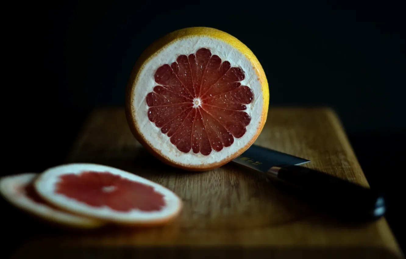 Photo wallpaper knife, fruit, grapefruit