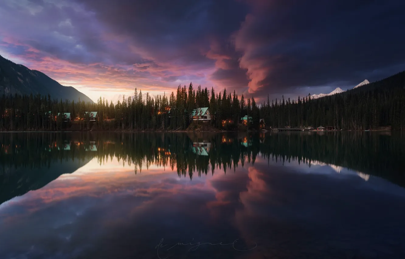 Photo wallpaper forest, the sky, clouds, mountains, lake, Canada, house